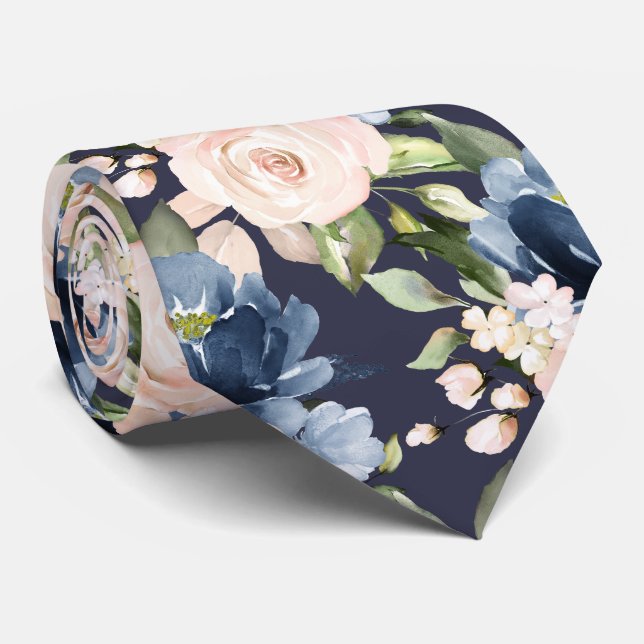 PixDezine Dusty Blue Blush Roses Navy Neck Tie (Rolled)