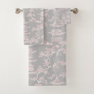 PixDezine Grey Chinoiserie Pagodas Cherry Blossoms Bath Towel Set
