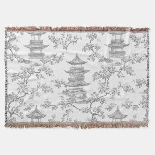 PixDezine Grey Chinoiserie Pagodas Cherry Blossoms Throw Blanket