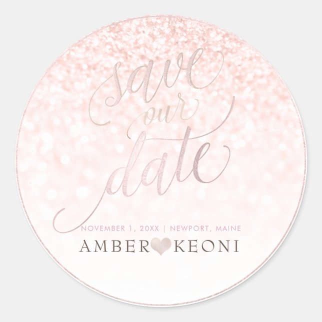 PixDezine Iridescent Blush Pink Save Our Date Classic Round Sticker (Front)