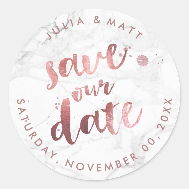 PixDezine Marble Save the Date/Faux Rose Gold Classic Round Sticker (Front)