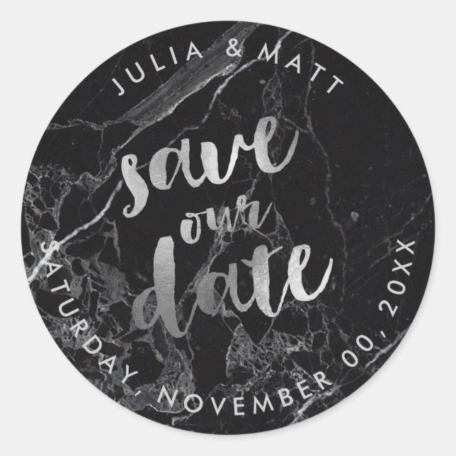 PixDezine Marble Save the Date/Faux Silver Classic Round Sticker (Front)