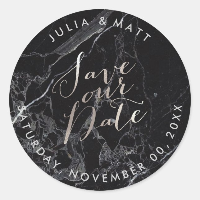 PixDezine Marble Save the Date/Faux Silver Classic Round Sticker (Front)