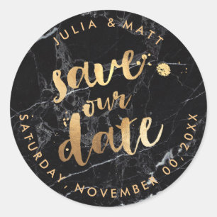 PixDezine Save the Date/Marble+Faux Gold Classic Round Sticker