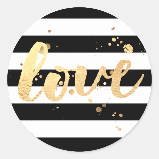 PixDezine stripes/dazzled faux gold/love Classic Round Sticker (Front)
