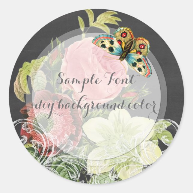 PixDezine vintage redoute rose+chalkboard Classic Round Sticker (Front)