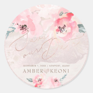 PixDezine Watercolor Blush Peonies Save Our Date Classic Round Sticker