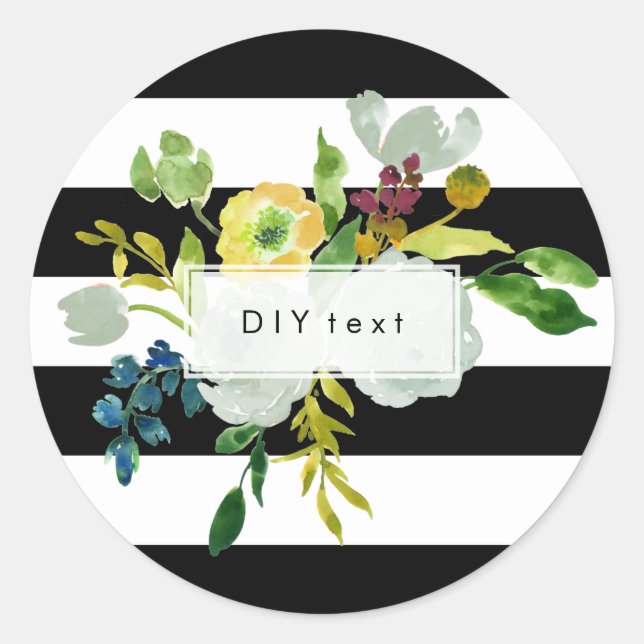 PixDezine watercolor floral/stripes Classic Round Sticker (Front)