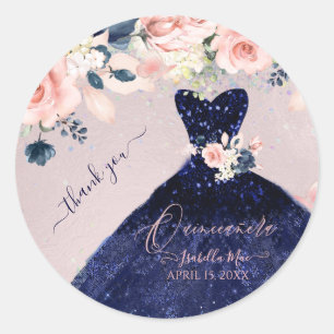 PixDezineQuinceanera Navy Glitter Gown Blush Roses Classic Round Sticker