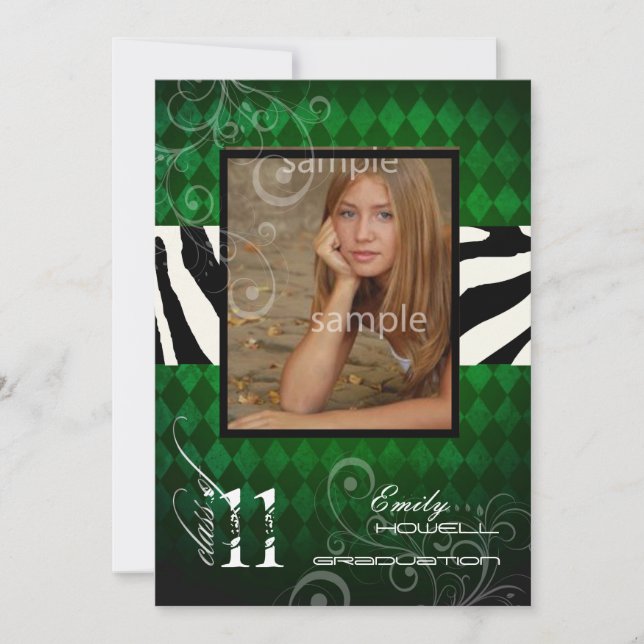 PixDezines 2011 Graduation, Emerald Harlequin Invitation (Front)