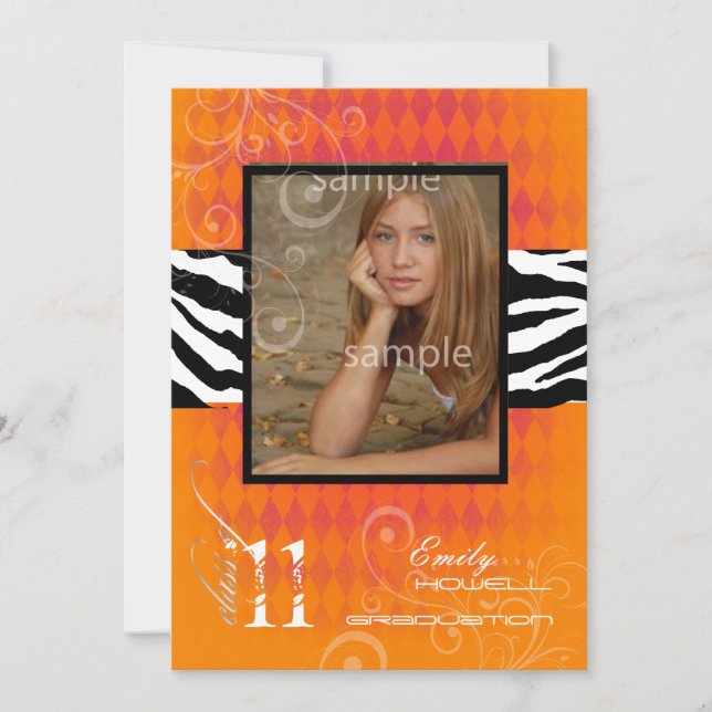 PixDezines 2011 Graduation, Orange Harlequin+Zebra Invitation (Front)