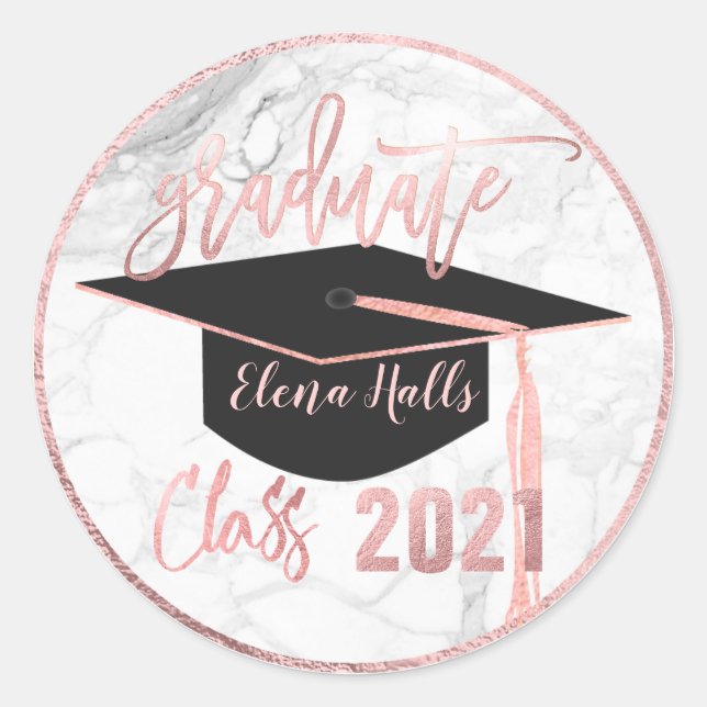PixDezines 2018 Graduation/Marble+Faux Rose Gold Classic Round Sticker (Front)