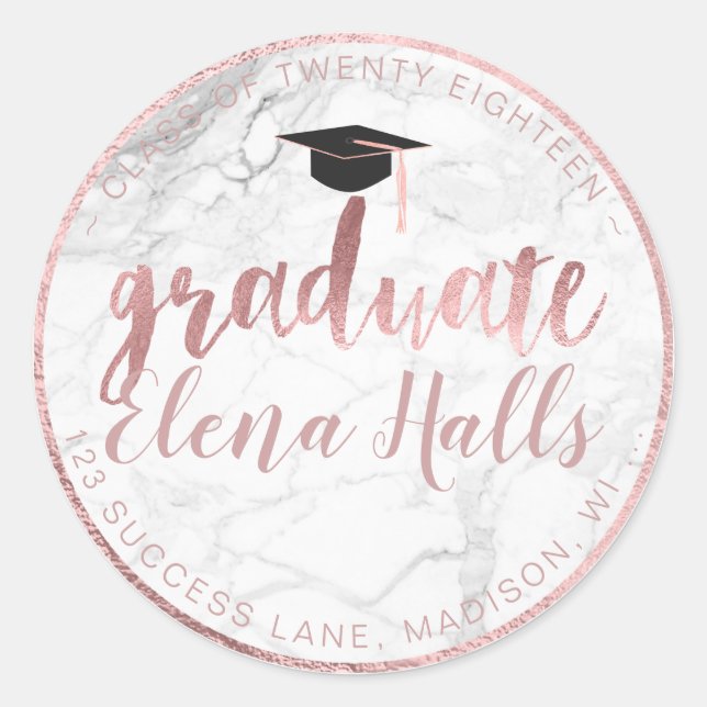 PixDezines 2018 Graduation/Marble+Faux Rose Gold Classic Round Sticker (Front)