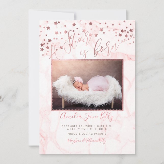 PixDezines A Star is Born, Rose Gold Stars+Marble Invitation (Front)