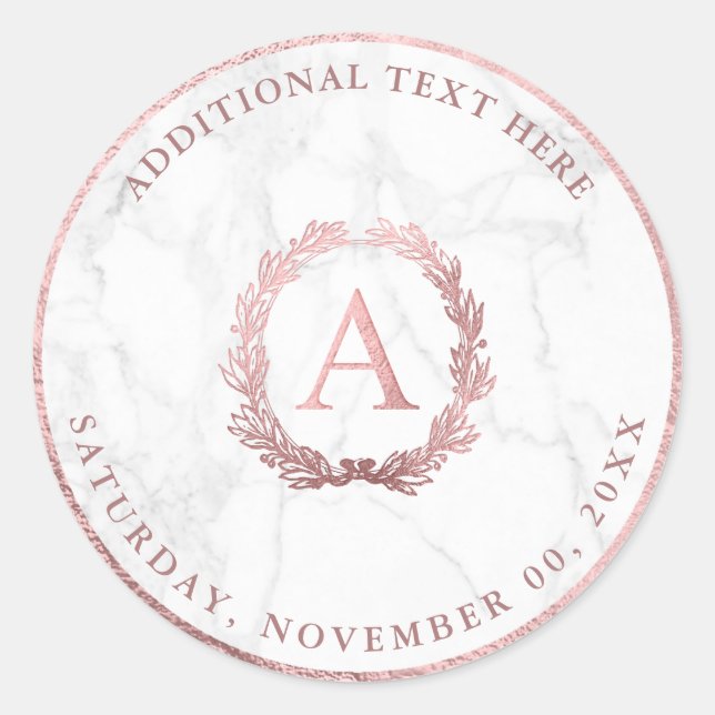 PixDezines A-Z, DIY Faux Rose Gold Monogram+Marble Classic Round Sticker (Front)