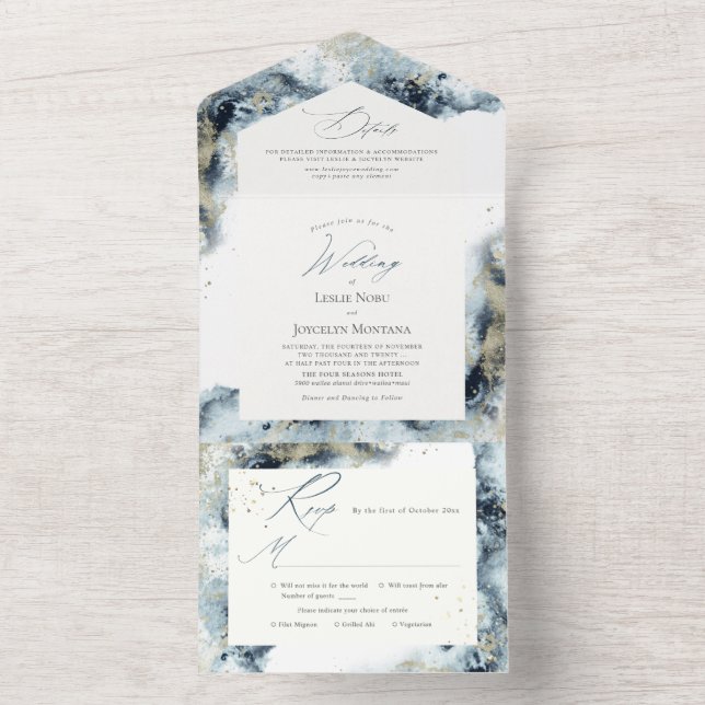 PixDezines Abstract Galaxy Midnight Blue Gold All In One Invitation (Inside)