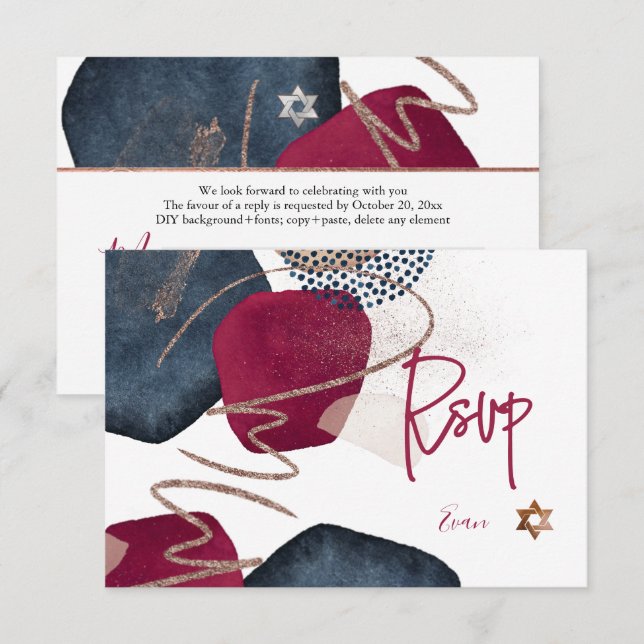 PixDezines Abstract RSVP Navy Bar Mitzvah✡ Card (Front/Back)