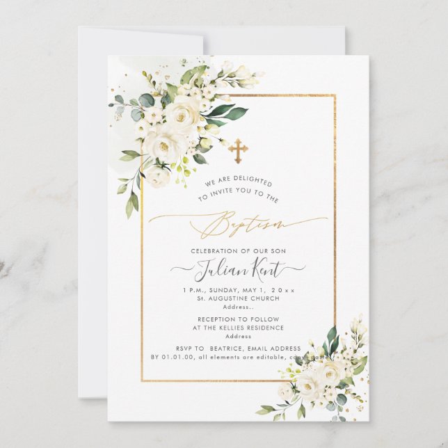PixDezines Alabaster Roses H2 Flowers Baptism Invitation (Front)