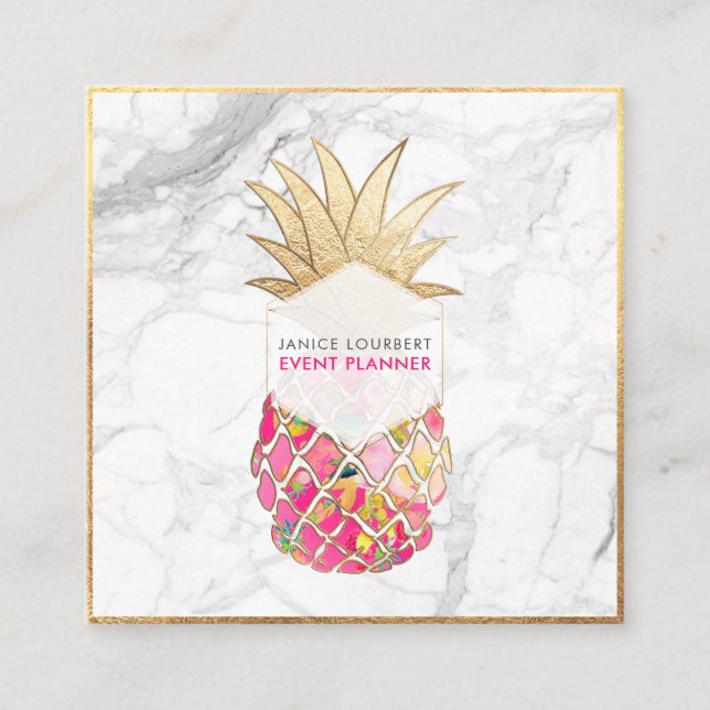 PixDezines ALOHA PINEAPPLE/HOT PINK/FAUX GOLD Square Business Card (Front)