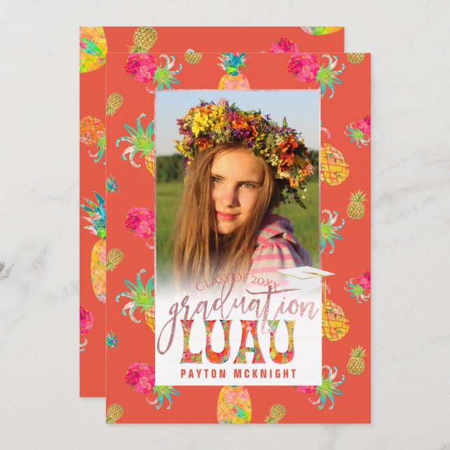PixDezines Aloha Pineapples Graduation Luau Invitation (Front/Back)