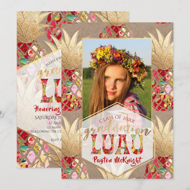 PixDezines Aloha Pineapples, Graduation Luau Invitation (Front/Back)