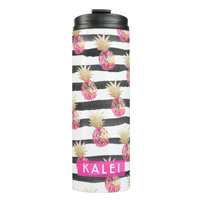 PixDezines Aloha Pineapples/Hot Pink+Faux GOld Thermal Tumbler (Front)