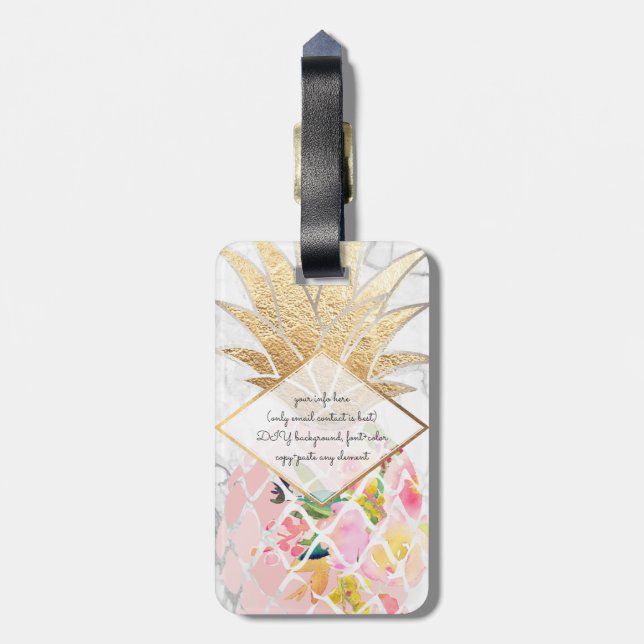 PixDezines Aloha Pineapples+White Marble Luggage Tag (Back Vertical)