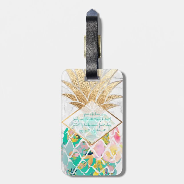PixDezines Aloha Pineapples+White Marble Luggage Tag (Back Vertical)