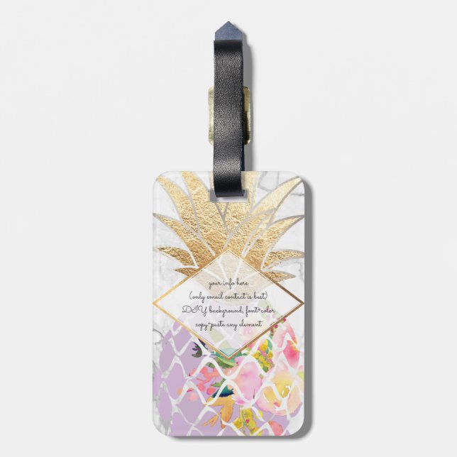 PixDezines Aloha Pineapples+White Marble Luggage Tag (Back Vertical)