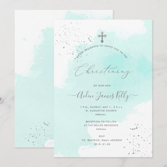 PixDezines Aqua Blue Watercolor Christening Invitation (Front/Back)