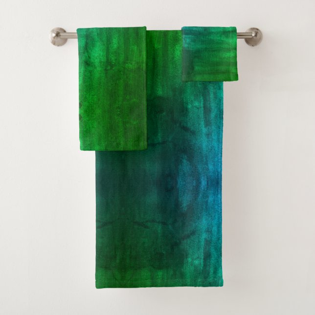 PixDezines Aqua+Emerald Green Watercolor Bath Towel Set (Insitu)