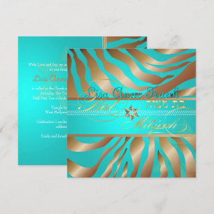 PixDezines Aqua+Tan Zebra Stripes, Bat Mitzvah Invitation