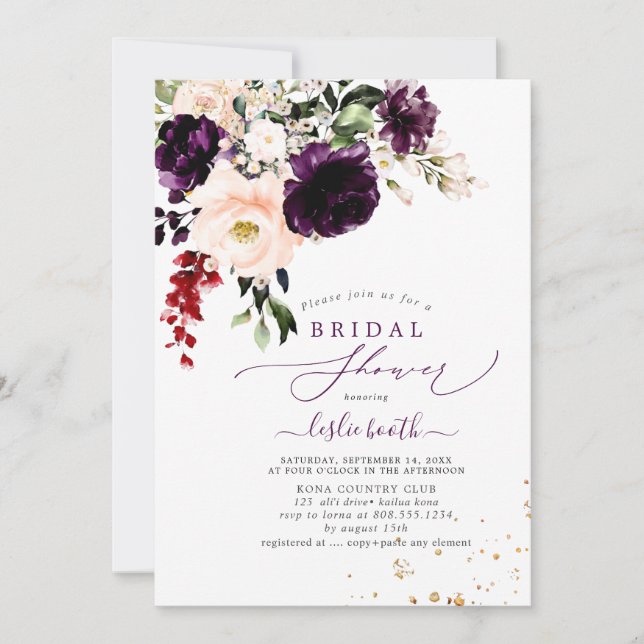 PixDezines Autumn Blush Aubergine H2 Flowers Invitation (Front)
