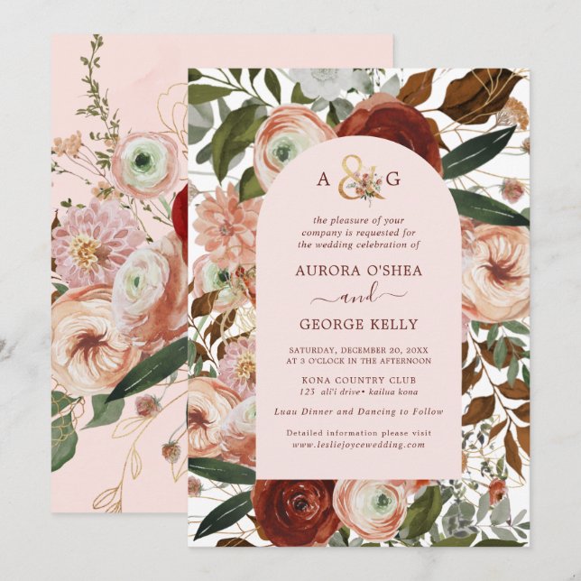 PixDezines Autumn Love H2 Marsala Red Flowers Invi Invitation (Front/Back)