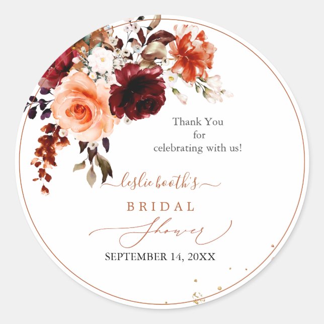 PixDezines Autumn Watercolor Flowers Bridal Shower Classic Round Sticker (Front)
