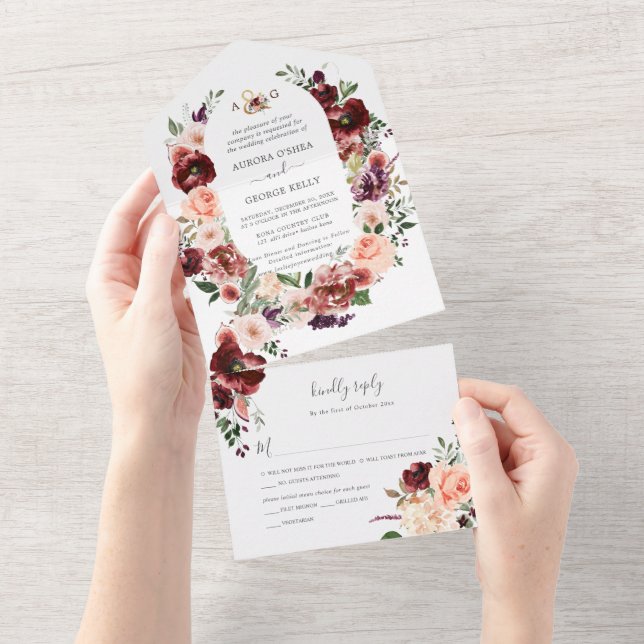 PixDezines Autumn Watercolor Flowers Marsala All In One Invitation (Tearaway)