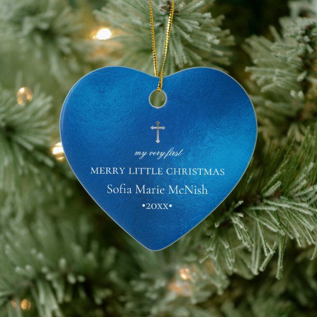 PixDezines Baby's 1st Christmas Photo, Azure Blue Ceramic Ornament (Tree)