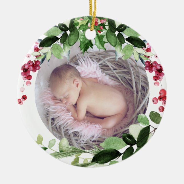 PixDezines Baby's First Christmas Winter Wreath Ceramic Ornament (Front)