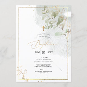 PixDezines Baptême d'Eucalyptus Rustique Aquarelle Invitation