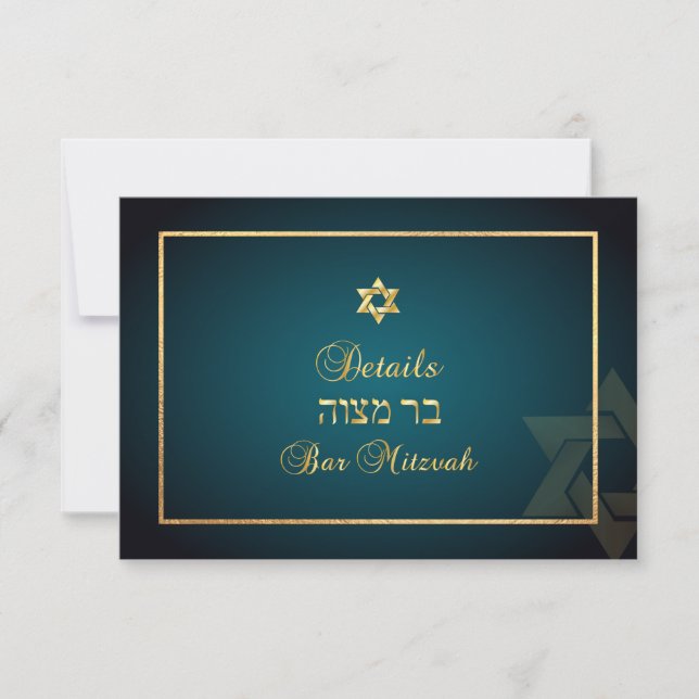 PixDezines Bar Mitzvah Details info teal+gold RSVP Card (Front)