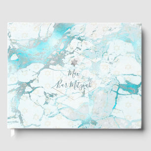 PixDezines Bar Mitzvah, Marble, Aqua+Silver Guest Book