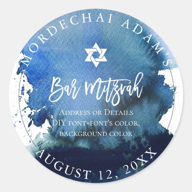 PixDezines Bar Mitzvah Navy Blue Watercolor Classic Round Sticker (Front)