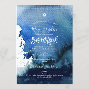 PixDezines Bar Mitzvah  Navy Blue Watercolor Invitation