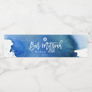 PixDezines Bar Mitzvah, Navy Watercolor Water Bottle Label