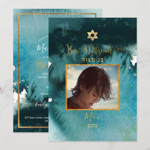 PixDezines Bar Mitzvah Teal Green Watercolor Invitation