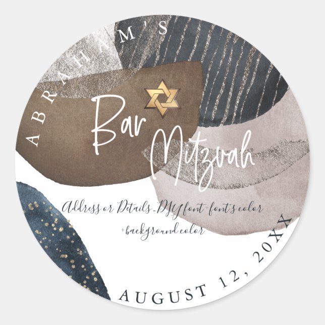 PixDEzines Bar Mitzvah, Watercolor Modern Abstract Classic Round Sticker (Front)