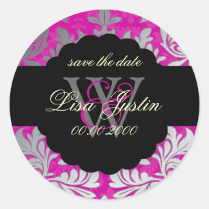 PixDezines Baroque Damask/Faux Silver+Pink/Magenta Classic Round Sticker