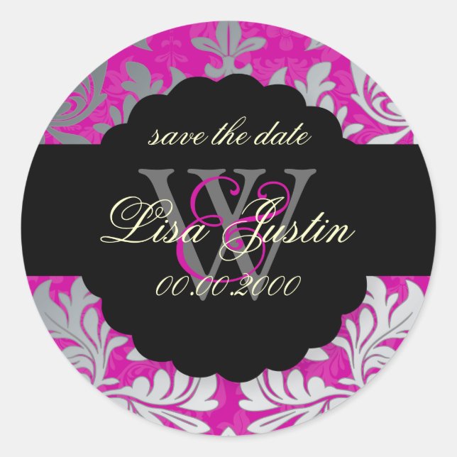 PixDezines Baroque Damask/Faux Silver+Pink/Magenta Classic Round Sticker (Front)