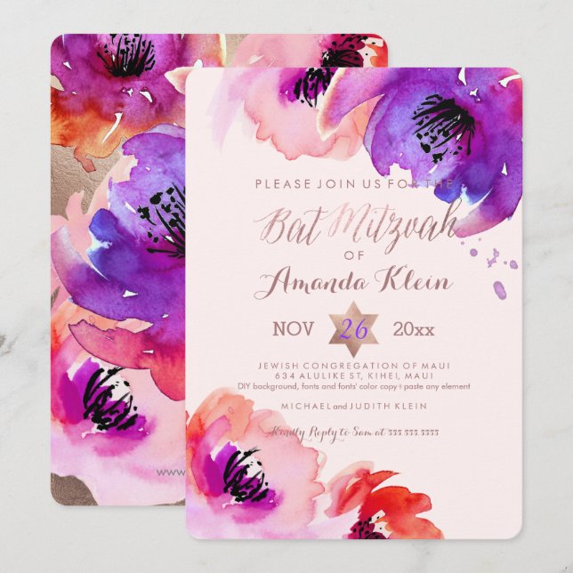 PixDezines ✡ Bat Mitzvah/Floral Watercolor Invitation (Front/Back)