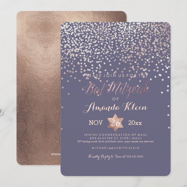 PixDezines Bat Mitzvah/Rose Gold/Confetti Invitation (Front/Back)